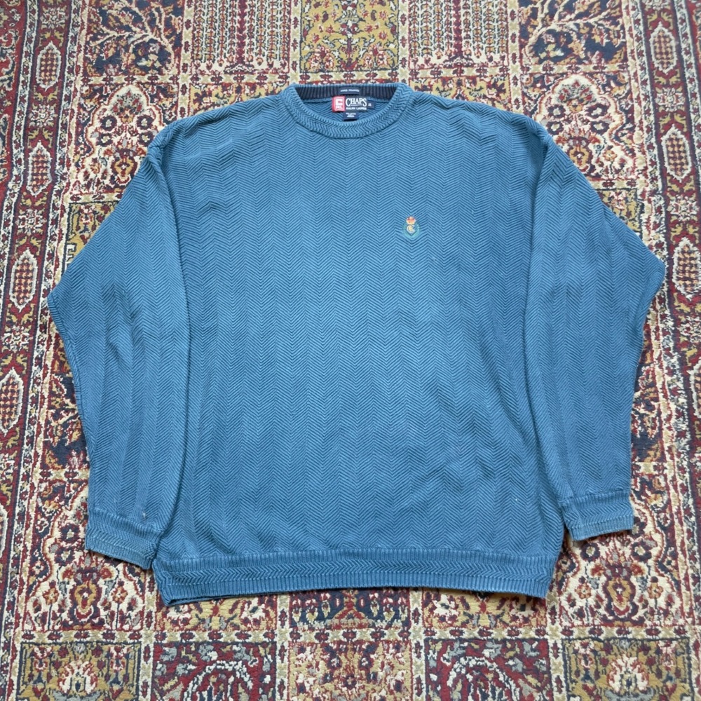 VTG 90s Chaps Ralph Lauren XL Blue Herringbone Textured Cotton Crewneck Sweater